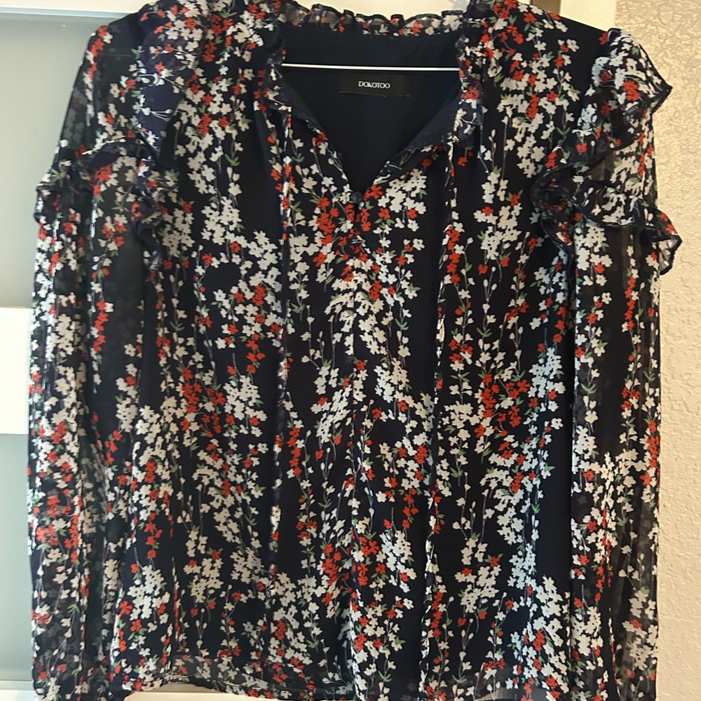 Floral Ruffle Blouse -Blue and Red